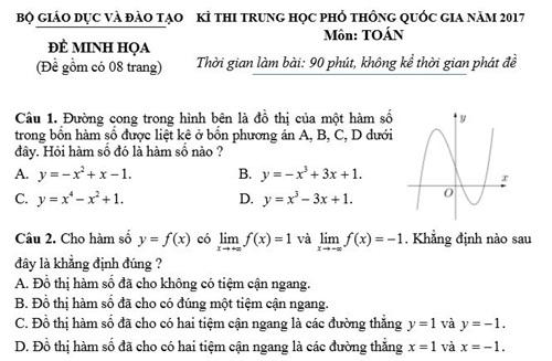 Đề thi chính thức môn Toán với hình thức thi mới