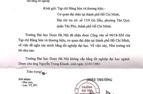  Trường Đại học Dược Hà Nội khẳng định không cấp bằng tốt nghiệp đại học ngành Dược cho ông Nguyễn Trọng Khanh (SN 22/01/1983).