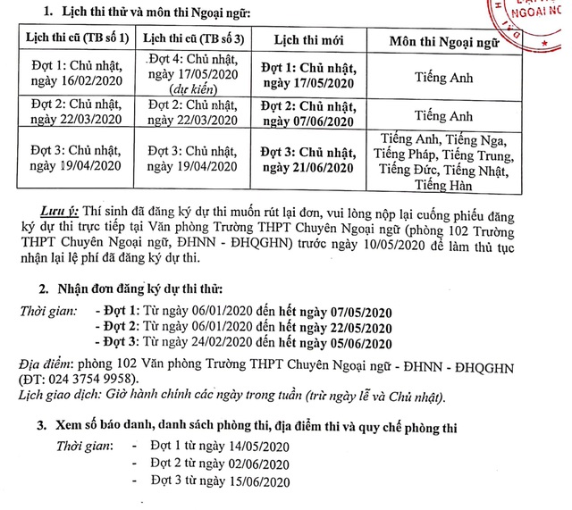 Lịch thi thử của Trường THPT chuyên Ngoại ngữ