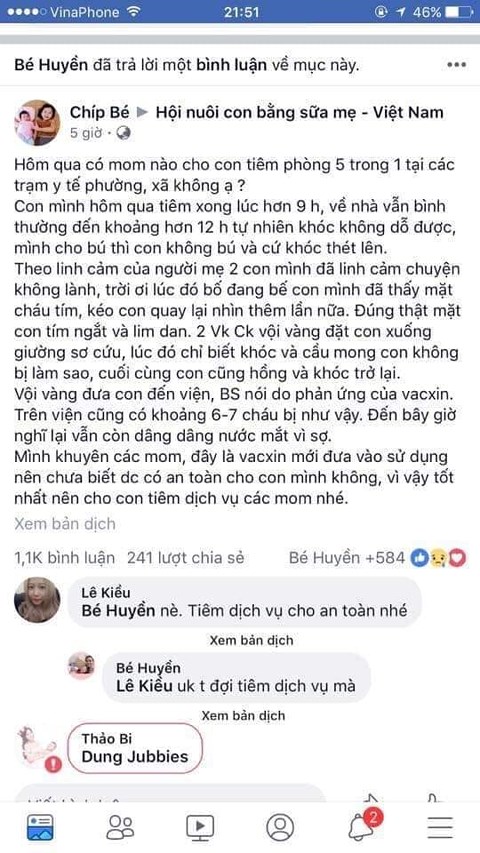 Xuất hiện thông tin nhiều trẻ em phản ứng tím tái sau khi tiêm vắc xin 5in1 mới